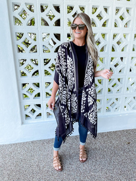 Damask Printed Pom Pom Kimono - Gray